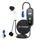 Heavy Duty Portable Ev Charger With Type Two And J1772 Adapters features 32 Amp cord, LED display, compact design, and protective cover.