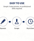 Image showing 3-step process: Squeeze applicator, scrape surface, dry and sand. Part of All-In-One Drywall Repair Kit With Scraper And Nozzle Extender.