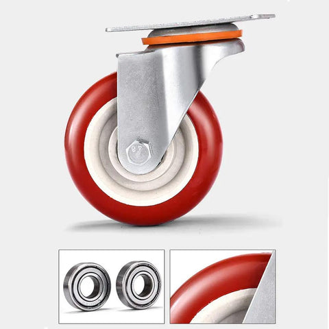 Heavy Duty Rubber Castor Wheels With Slam Dunk Brake Setup For Quiet Furniture Roll Rock Solid Steel Build with red wheel.