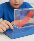 Child using Portable Wind Tunnel Lab Kit For Wing Lift Experiments Hands On Aircraft Aerodynamics Model With Blower And Stable Metal Stand.