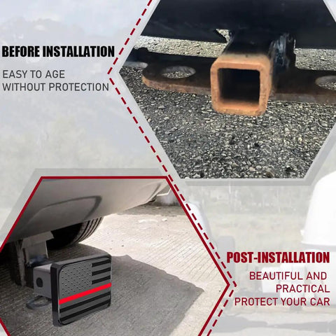 Before and after installation of 2 Inch Trailer Hitch Cover Dust Proof Plug Square Mouth Protector With American Flag For Receiver Tube Cap