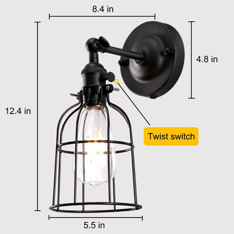 Industrial Edison Style Wire Cage Wall Sconce With Black Finish On Off Rotary Switch And E26 Socket 1 Light Vintage Rustic Lighting