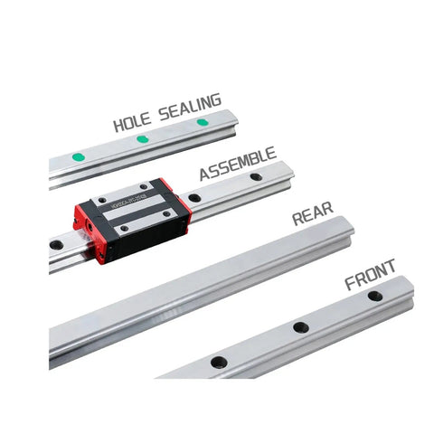 Top Notch High Precision Linear Guide Rail Kit With 300mm HGR20 CNC Router Guides showing assembled parts and labeling.