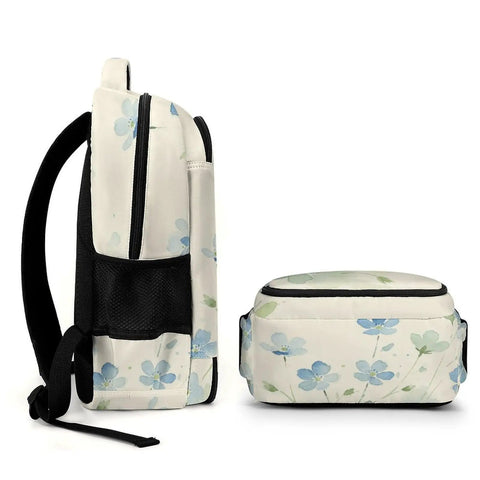 Side view of Pale Blue Wildflower Watercolor Print Backpack For Men And Women Large Capacity Unisex Daypack with polyester material