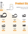 Product sizes of No Sweat 306 Piece Cable Clips And Wire Mount Assortment Kit featuring R Type clamps and screws.