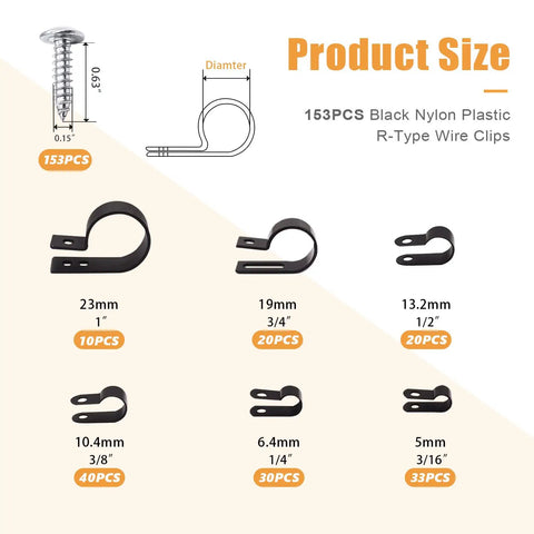 Product sizes of No Sweat 306 Piece Cable Clips And Wire Mount Assortment Kit featuring R Type clamps and screws.