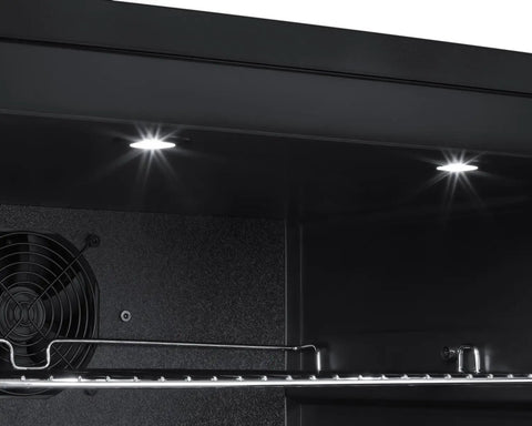 Interior view of Built Tough 24 Inch All Freezer Stainless Finish showing bright lighting and fan for optimal cooling efficiency.