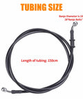 Hydraulic Brake And Clutch Line Hose Kit For Motorcycles Dirt Bikes ATVs Mopeds And Scooters Ride Ready 1.5m Long With 28 Degree Bend 10mm Joint And 2 Banjo Bolts M10x1.25 For Replacement Upgrade on white background showing tubing size, banjo diameter, and length details.