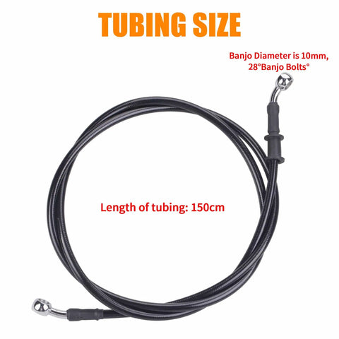 Hydraulic Brake And Clutch Line Hose Kit For Motorcycles Dirt Bikes ATVs Mopeds And Scooters Ride Ready 1.5m Long With 28 Degree Bend 10mm Joint And 2 Banjo Bolts M10x1.25 For Replacement Upgrade on white background showing tubing size, banjo diameter, and length details.