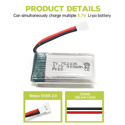 Close-up of 3.7V 400mAh Li-ion battery with red and black wires for 5 Pack 3 7V 400mAh Li Battery Set With 5 In 1 Charger For SYMA Q11 H99W