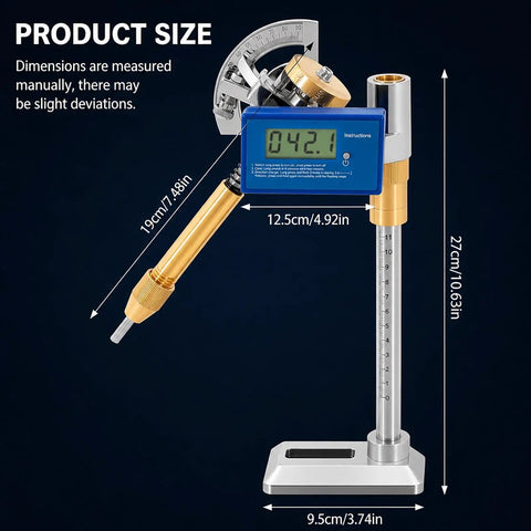Pro Digital Angle Display Gemstone Faceting Machine Manipulator with 96 Position Index Wheel, size dimensions displayed.