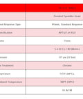 Specification table for Heavy Duty Upright Fire Sprinkler Head For Automatic Systems With No Sweat Install And Sure Thing 155 Degree Fahrenheit Activation In Chrome Finish For Solid Peace Of Mind Protection Pack Of Six.