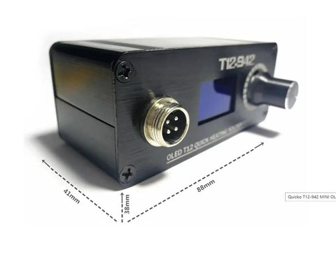 Beefed Up High Power Digital Soldering Station With 75W Quick Heat for RC Toys and FPV Builds, showing front panel and dimensions