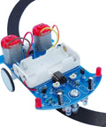 DIY Electronics Soldering Practice Kit For Beginners And Hobbyists Learn To Build A Line Following Smart Car With Easy Assembly And Educational Fun Great For School Projects And Home Learning showing a blue circuit board, red motors, and sensors on a black track.