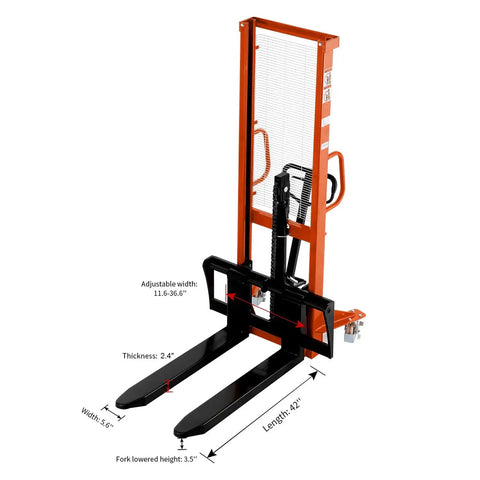 Rock Solid Manual Pallet Stacker And Heavy Duty Hand Forklift featuring adjustable forks size with 2200 lb capacity and 63 inch lift height.
