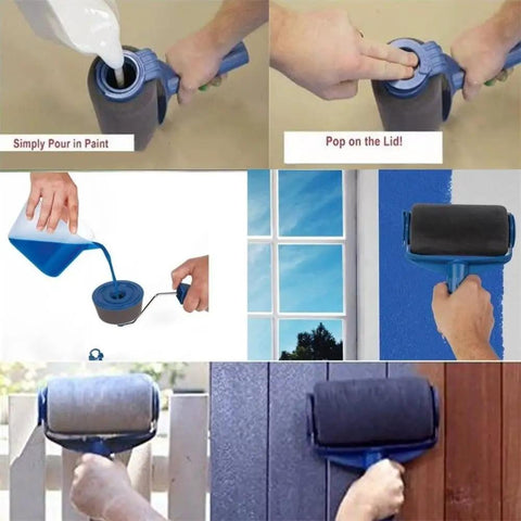 No Hustle Seamless Paint Roller Duo With Built In Flocked Edger For Tape Free Wall Projects in use pouring paint and applying.