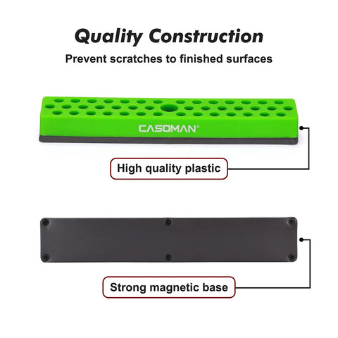 One Quarter Inch Hex Bit Organizer With Magnetic Base In Green Holds Up To Forty Three Hex Bits, showing magnetic base and plastic construction