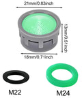 Top Shelf Faucet Aerator Inserts 1.5 Gpm Flow Restrictor For Kitchen And Bath Fixtures showing green aerator with M22 M24 gaskets.