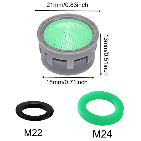 Top Shelf Faucet Aerator Inserts 1.5 Gpm Flow Restrictor For Kitchen And Bath Fixtures showing green aerator with M22 M24 gaskets.