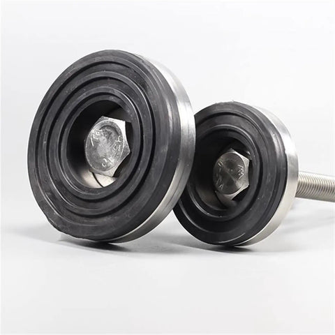 Hella Stable Heavy Duty Adjustable Leveling Feet Set With Legit Professional Threaded Support Legs For Uneven Floors And Easy Machine Base Shims That Grip Solid Badass Rust Proof Hardware 4 Piece Kit rubber support feet with threaded metal cores, showing two sizes.