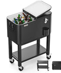 60 Quart Rolling Ice Chest On Wheels Portable Patio Party Bar Drink Cooler Cart with shelf and bottle opener, filled with drinks