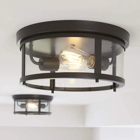 Two Light Outdoor Flush Mount Light In Antique Bronze With Clear Glass Diffuser, Farmhouse Vibe That Boosts Curb Appeal For Covered Patios