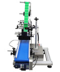 Top Shelf Automatic Desktop Conveyor Labeling Machine Engineered For Zero Stress Workflows On Cosmetics Food And Containers Fast Plug Into Standard Outlet For Smooth Flat Surface Application That Truly Delivers, showcasing blue conveyor and green label roll.