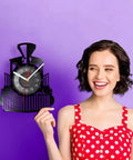 Person standing by 12 Inch Old School Vintage Steam Locomotive Wall Clock Black Silent Quartz Non Ticking Battery Operated