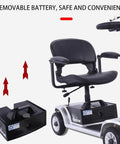 Side view of a four-wheel electric mobility scooter for adults and seniors, showing removable 24V battery and comfy seat.