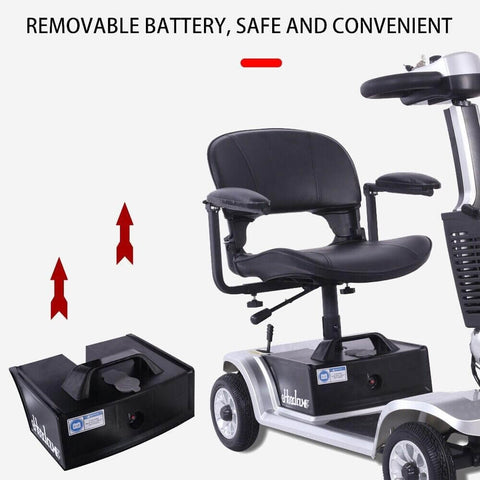Side view of a four-wheel electric mobility scooter for adults and seniors, showing removable 24V battery and comfy seat.