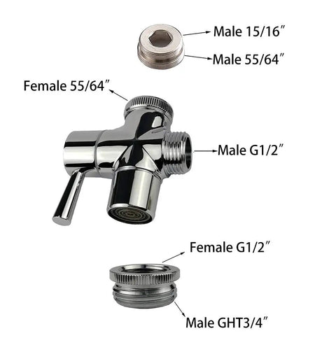 Diagram of Brass Faucet Diverter Valve with Aerator, Three Way Sink to Garden Hose Adapter, Chrome Finish, G1/2 to 3/4 inch