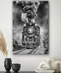 Vintage Steam Locomotive Canvas Wall Art Black And White Train Photography For Bold Industrial Decor In Living Room Office Or Man Cave 8x12 Inch Unframed Canvas showing front view of a steam locomotive.