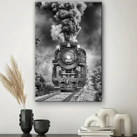 Vintage Steam Locomotive Canvas Wall Art Black And White Train Photography For Bold Industrial Decor In Living Room Office Or Man Cave 8x12 Inch Unframed Canvas showing front view of a steam locomotive.