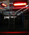 Forklift Safety Light LED Red Zone Pedestrian Warning for Warehouse Use 12V to 60V DC, showing illuminated red boundary on warehouse floor.