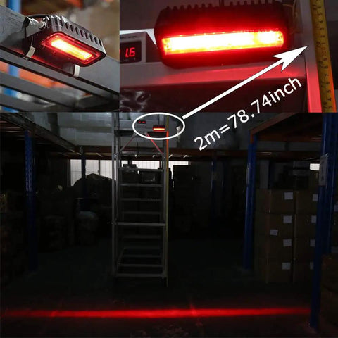 Forklift Safety Light LED Red Zone Pedestrian Warning for Warehouse Use 12V to 60V DC, showing illuminated red boundary on warehouse floor.