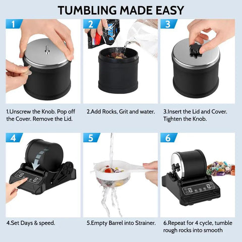 Step-by-step use of Totally Complete Gemstone Tumbler Kit For Adults And Kids With LCD Display, 9 Speed Motor And 9 Day Timer.