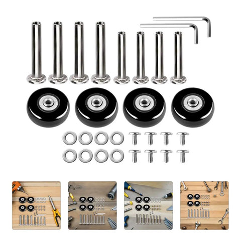 Six Pack Luggage Wheel Replacement Set For Suitcases And Rolling Bags Universal Fit Heavy Duty Rubber And Iron Casters Easy Install 360 Degree Swivel Wheels Spare Parts For Travel Gear, black wheels and hardware