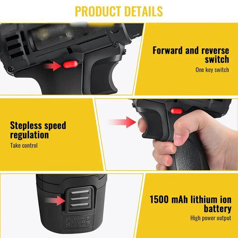 Rechargeable Cordless Drill And Electric Screwdriver Set Featuring 25 Plus 1 Torque Adjustments dual speed control and lithium ion battery details.