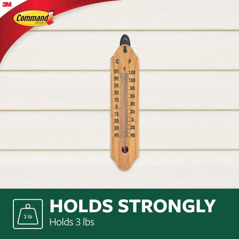Outdoor thermometer hanging on siding using Damage Free Outdoor Wall Hooks Kit With Weather Resistant Strips.