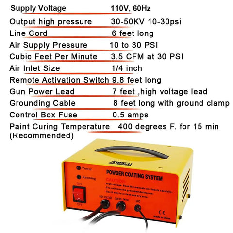Pro Grade Electrostatic Powder Coating System control box with detailed specifications displayed, featuring a yellow casing.