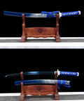 Blue Dragonfly Wakizashi Samurai Sword Combat Ready High Carbon Steel Hand Forged Full Tang Katana Real Sharp Weapon on Stand