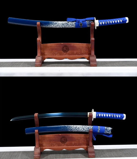 Blue Dragonfly Wakizashi Samurai Sword Combat Ready High Carbon Steel Hand Forged Full Tang Katana Real Sharp Weapon on Stand