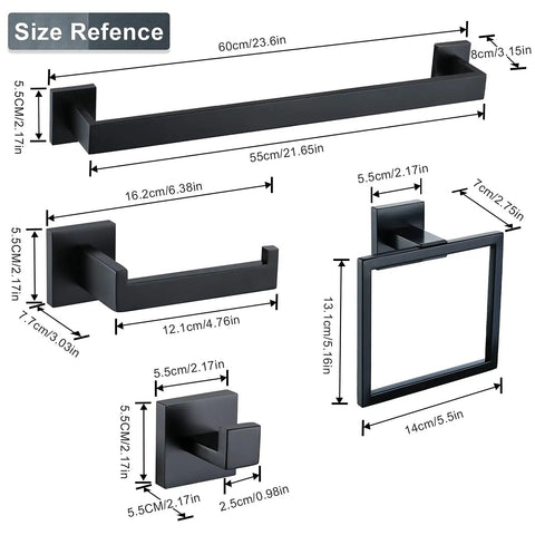 Matte Black Stainless Steel 4 Piece Bathroom Set Dope Finish Towel Bar Towel Rack Towel Holder And Toilet Paper Holder 23.6 Inch Rustproof SUS304 Bath Hardware For Modern Homes with size dimensions shown.