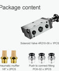 Package contents including solenoid valve 4R210-08, pneumatic mufflers, and push-to-connect fittings for pneumatic systems.