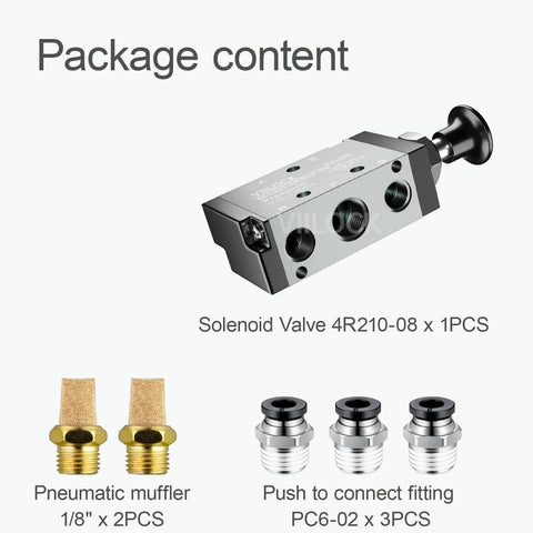 Package contents including solenoid valve 4R210-08, pneumatic mufflers, and push-to-connect fittings for pneumatic systems.