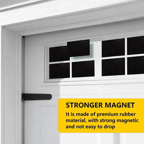 32 Pack Two Car Garage Magnetic Panels Kit With Faux Window Sheets installed on metal garage door, showing close-up of black panels.