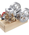 Kickstart Your Engineering Quest With This Slick Six Cubic Centimeter Hit And Miss Gasoline Engine featuring brass and aluminum parts on a wooden base.