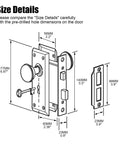 Size details of Antique Style Mortise Lock Set for Interior Doors With Privacy Lock diagram