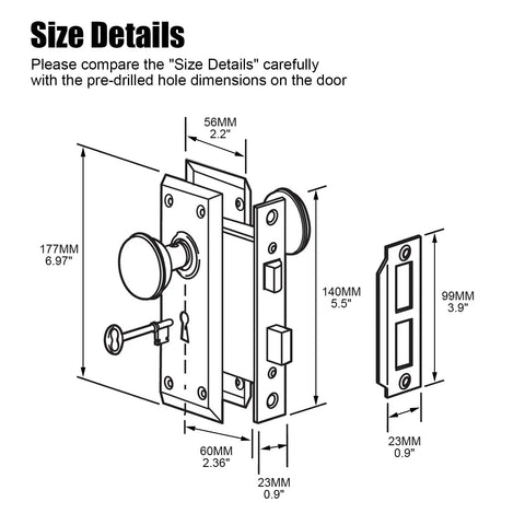 Size details of Antique Style Mortise Lock Set for Interior Doors With Privacy Lock diagram