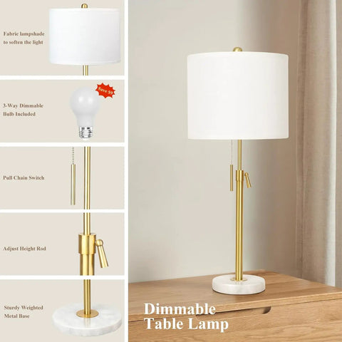 Gold Table Lamps Set Of 2 With Adjustable Height From 22 To 30 Inches, Dimmable Nightstand Lamps featuring white shade, marble base